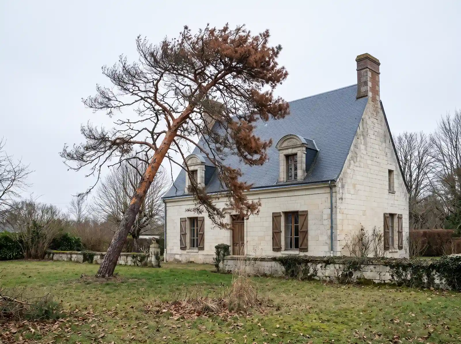 Avant : pin mort qui penche vers une maison en tuffeau à toit d’ardoise